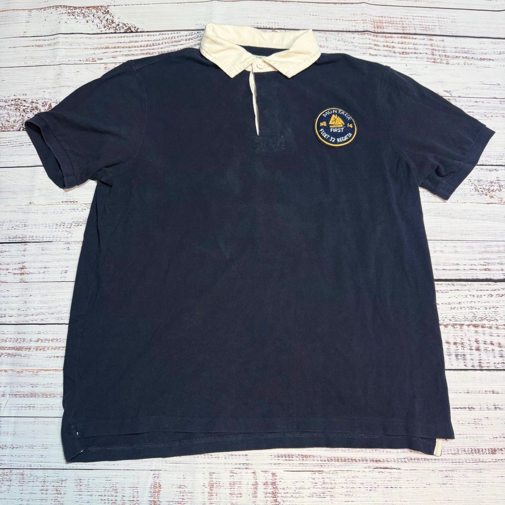 J.Crew Rugby Polo Shirt XL Montauk Regatta Patch Navy Blue Cotton 12498